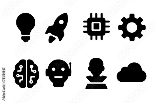 Tech Innovation Icons. Tech innovation. Filled icon set of Tech innovation: light bulb, rocket, chip, gear, AI