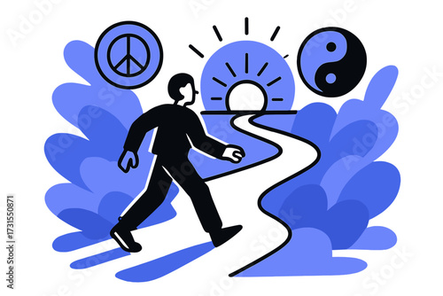 Sacred Path Journey. Sacred Journey. Person walking on glowing abstract path leading toward radiant horizon,