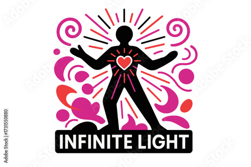 Radiant Infinite Light. Divine Energy. Radiant silhouette with glowing heart at center, abstract spirals and