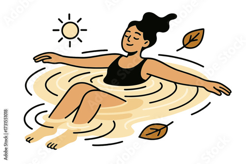 Floating Serenity. Peaceful swim. Person floating on glowing lake surface with ripples forming soft circles.