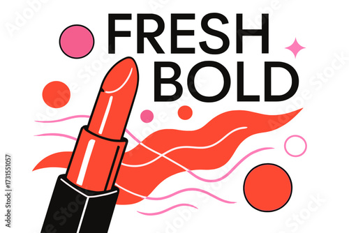 Coral Pop Glow. Coral Pop. Close-up of glossy coral lipstick shade, abstract glowing waves and circles