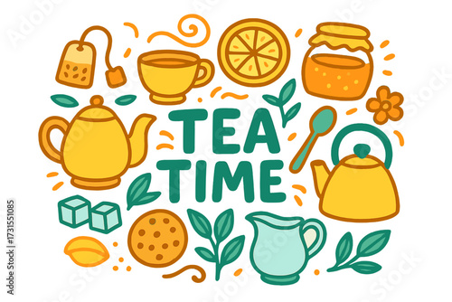 Colorful Tea Time Doodle. Tea Time. Hand-drawn doodle illustration of Tea Time. Teapot, tea cup, tea bag,