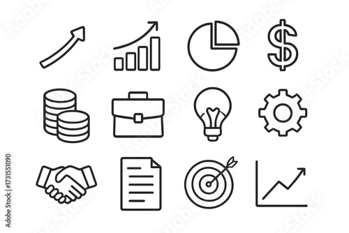 Business Growth Icons. Business growth. Line outline icon set of business growth: upward arrow, bar chart, pie