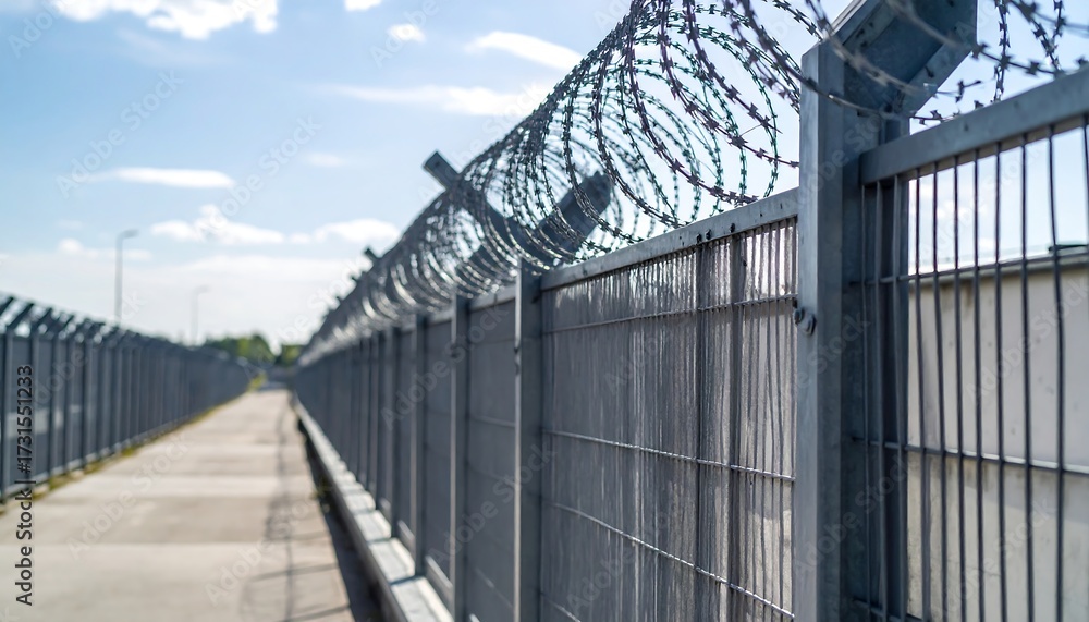 Fototapeta premium Metal fence with barbed wire extends along a pathway under a partly cloudy sky