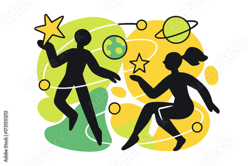 Cosmic Connection. Cosmic harmony. Abstract human silhouettes connected by orbiting stars and planets. Energy