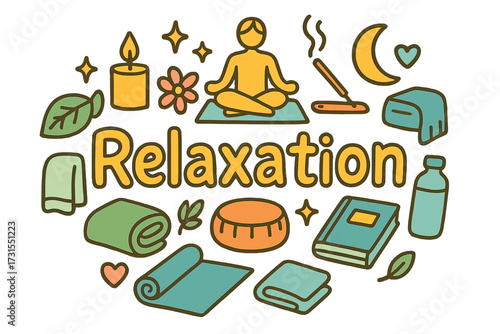 Relaxation Doodle Art. Relaxation. Hand-drawn doodle illustration of Relaxation. Lotus pose, candle, flower,