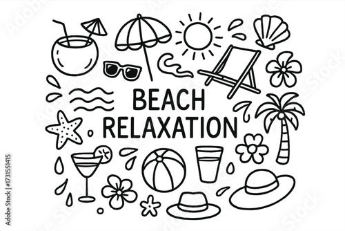 Beach Doodle Icons. Beach Relaxation. Hand-drawn doodle illustration of Beach Relaxation. Coconut with straw,