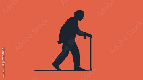 Silhouette of senior man walking with cane against orange background, depicting aging, health, and retirement lifestyle with dignity and resilience