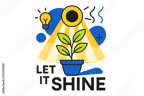 Glowing Potted Plant. Sunlight Care. Potted plant glowing under abstract sun rays, floating icons of light and