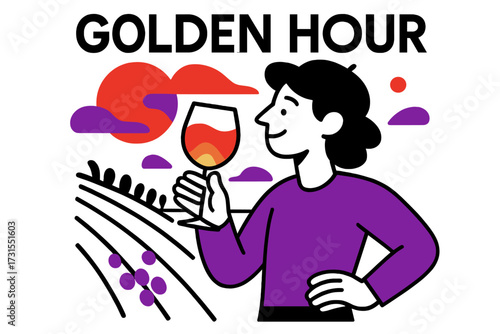 Sunset Wine Enjoyment. Sunset Tasting. Person enjoying glowing wine glass under abstract sunset sky with