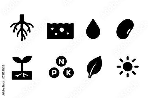 Root Development Icons. Root development. Filled icon set of Root development: roots, soil, water droplet,