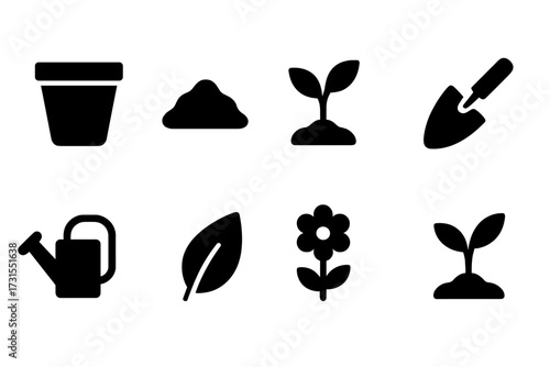 Gardening Icon Set. Gardening growth. Filled icon set of Gardening growth: pot, soil, sprout, trowel, watering