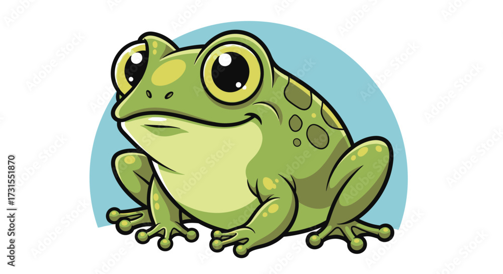 Obraz premium Cartoon green frog with large eyes and a blue background ideal for children's illustration