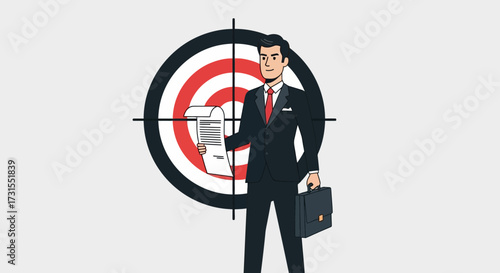 Cartoon businessman in suit holding document with target in background concept business