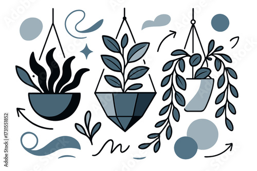 Floating Potted Plants. Hanging pots. Potted plants suspended in stylish hanging planters, with abstract