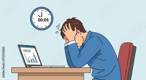 Frustrated businessman with hands on his face in front of a computer cartoon illustration showing
