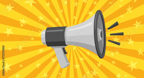 Cartoon megaphone on yellow starburst background representing important announcement