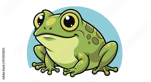 Cartoon green frog with large eyes and a blue background ideal for children's illustration
