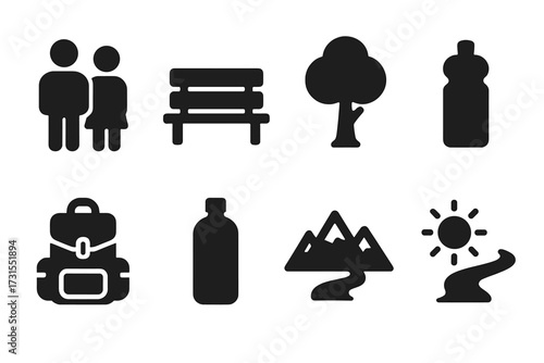 Outdoor Rest Icons. Outdoor rest. Filled icon set of Outdoor rest: couple, bench, tree, backpack, water bottle