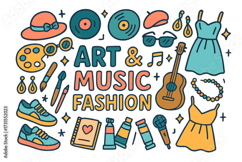 Artistic Fashion Fusion. Art & Music Fashion. Hand-drawn doodle illustration of Art & Music Fashion. Dresses,
