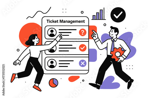 Automated Ticket System. Ticket Management. Floating interface showing user queries being organized