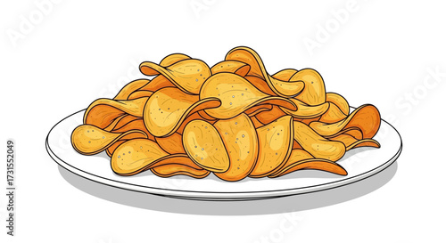 Illustration of crispy golden potato chips piled high on a white plate food concept