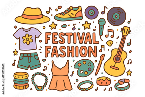 Festival Fashion Doodles. Festival Fashion. Hand-drawn doodle illustration of Festival Fashion. Hats, sneakers