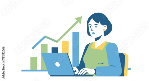 Businesswoman analyzing data with laptop, financial growth and success illustration with graphs
