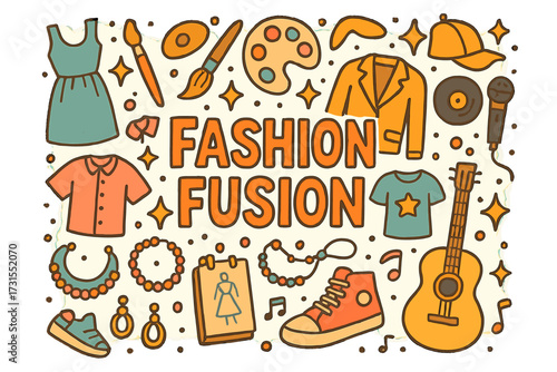 Fashion Fusion Doodle. Fashion Fusion. Hand-drawn doodle illustration of Fashion Fusion. Dresses, jackets,