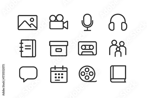 Memory Preservation Icons. Memory preservation. Line outline icon set of memory preservation: photo, video