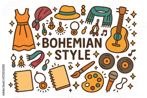 Bohemian Doodle Artistry. Bohemian Style. Hand-drawn doodle illustration of Bohemian Style. Dresses, scarves,