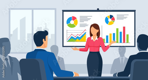 Businesswoman giving presentation with charts and diagrams to colleagues in meeting room