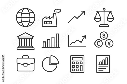 Sustainable Economy Icons. Sustainable economy. Line outline icon set of sustainable economy: globe, factory,