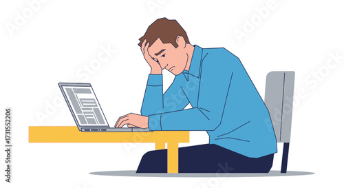 Frustrated man working on laptop with head in hand facing challenges at work