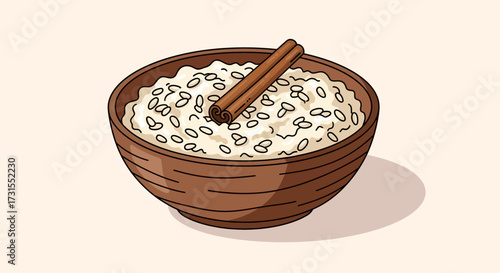 Delicious rice pudding illustration topped with cinnamon stick in a wooden bowl design