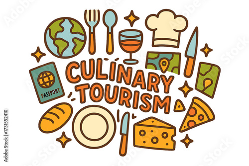 Culinary Tourism Doodle. Culinary Tourism. Hand-drawn doodle illustration of Culinary Tourism. Globe, fork,