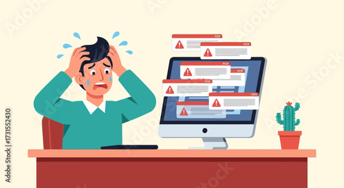 Frustrated man overwhelmed by computer errors and notification messages at work