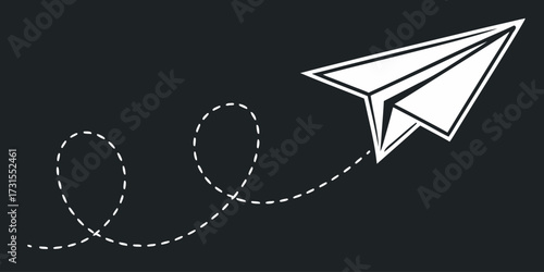 Soaring paper airplane launches dreams and adventures, leaving a dashed trail of imagination and ambition across the sky.