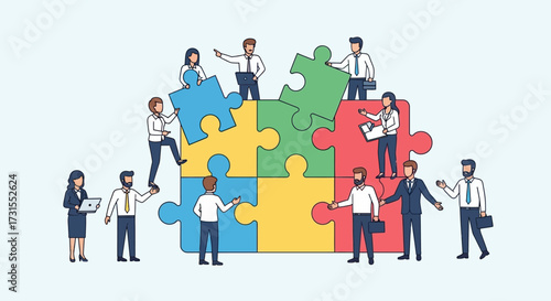 Teamwork and collaboration concept illustrating business people solving a puzzle together for