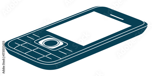 Classic dark blue mobile phone with keypad and blank screen shown in isometric perspective, perfect for tech concepts.