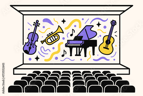 Floating Musical Symphony. Symphony Hall. Rows of seats facing stage with floating musical instruments,