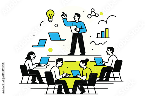 Modern Lecture Hall. Lecture Hall. Students seated with floating laptops and notes, lecturer on illuminated