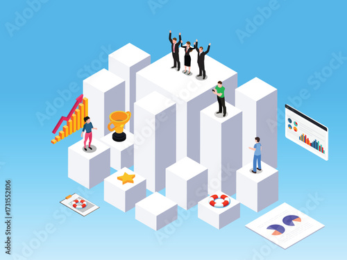 Business Team Collaboration and Strategic Achievement 3d isometric vector illustration
