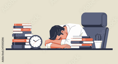 Exhausted professional sleeping on books at desk depicting work overload and stress