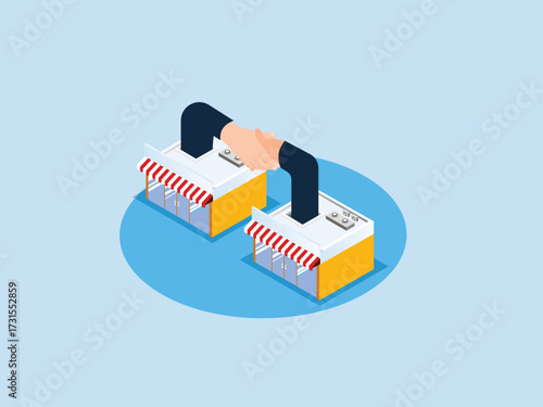 Two small stores with a handshake coming out of them, symbolizing a business merger or partnership 3d isometric vector illustration