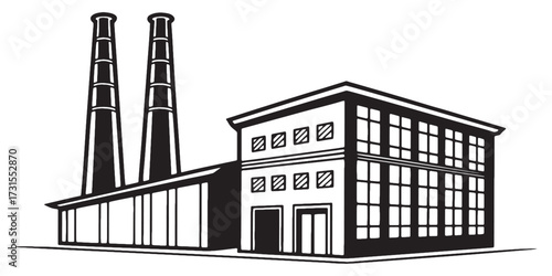 Iconic industrial factory building with tall smokestacks symbolizing production and manufacturing power.