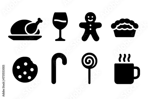 Festive Feast Icons. Christmas Feast. Filled icon set of Christmas Feast: roast turkey, wine glass,