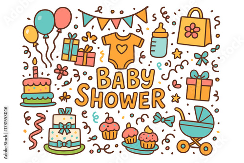 Festive Baby Shower Doodle. Baby Shower. Hand-drawn doodle illustration of Baby Shower. balloons, cake,