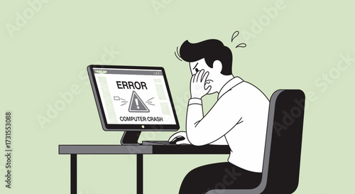 Frustrated Man Experiencing Computer Error and Crash at Workplace during Office Time