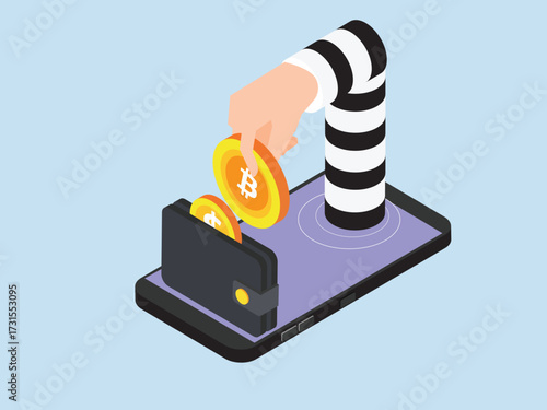 Online cryptocurrency scam and cybercrime with a hacker's hand coming out of a smartphone to steal Bitcoin from a wallet